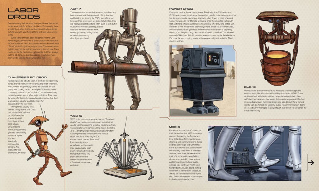 A double splash page from the Droidography book with descriptions and pictures of several labor droids.