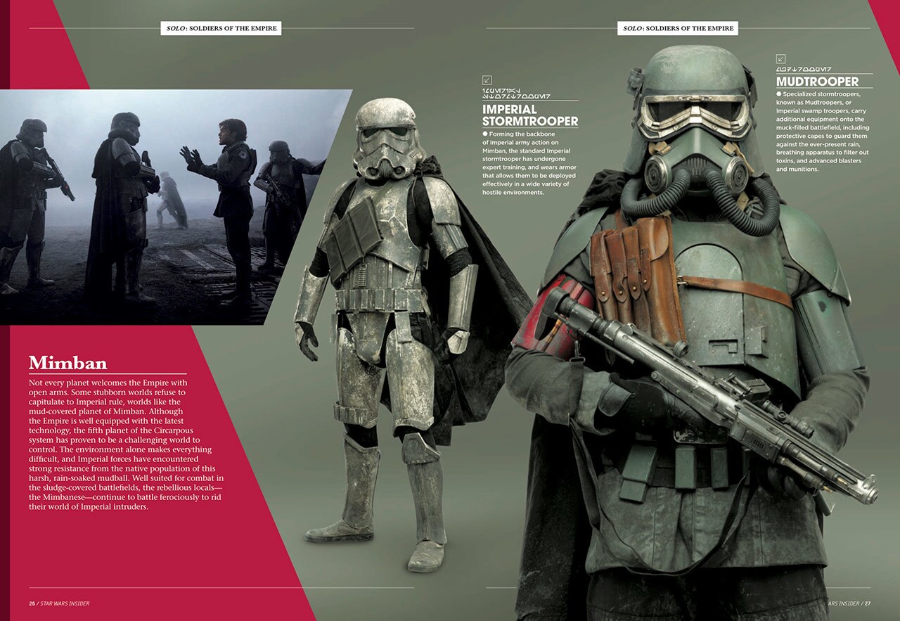 A two-page spread from Star Wars: Insider issue 188, featuring pictures and descriptions of a mudtrooper and an imperial stormtrooper.