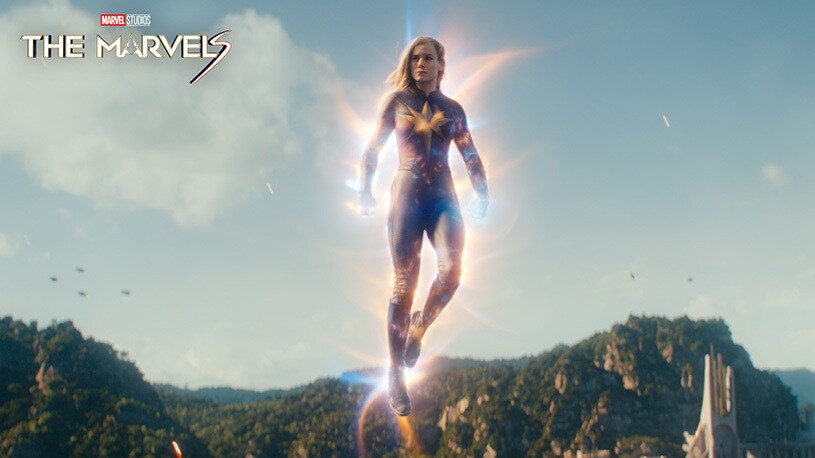 Marvel Studios' The Marvels offical trailer thumbnail showing Brie Larson as Captain Marvel