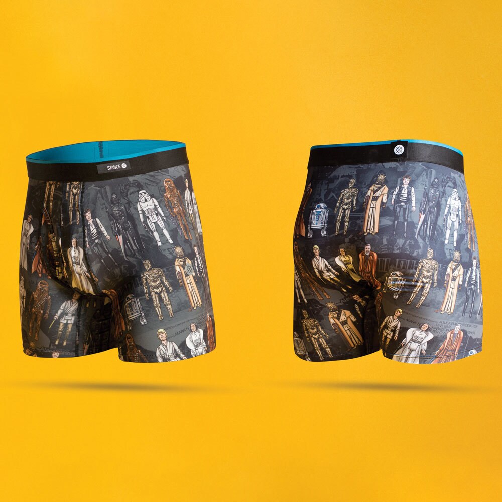 A pair of Star Wars-themed boxer briefs, showing front and back, by California-based clothing brand Stance. Various popular characters from the Star Wars universe are featured on the print.