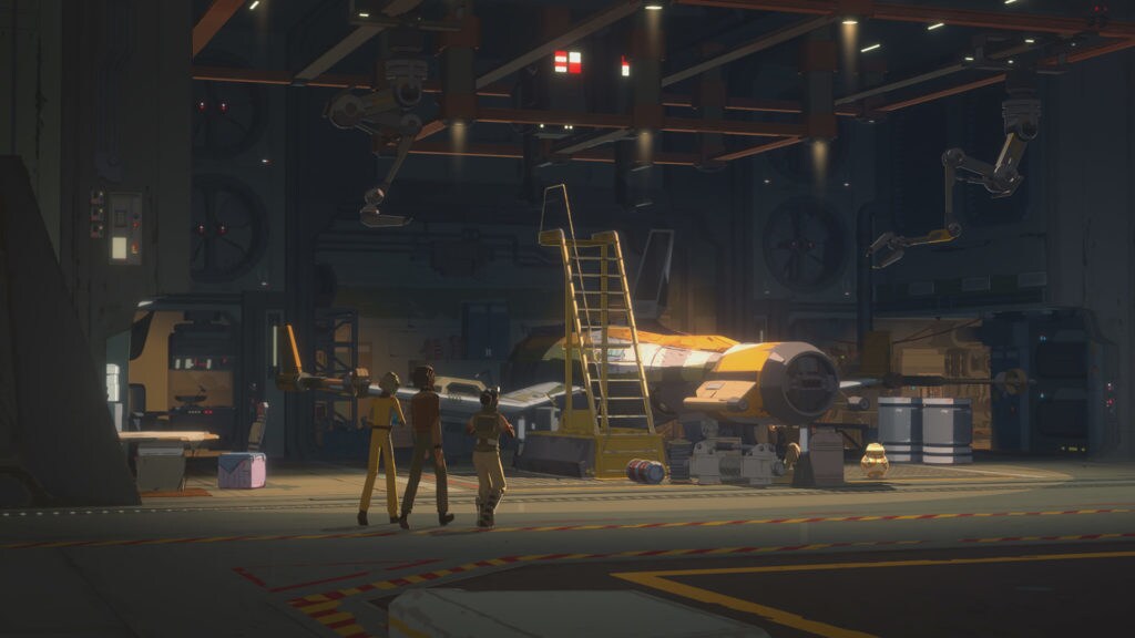 Team Fireball works on their ship in Star Wars Resistance.