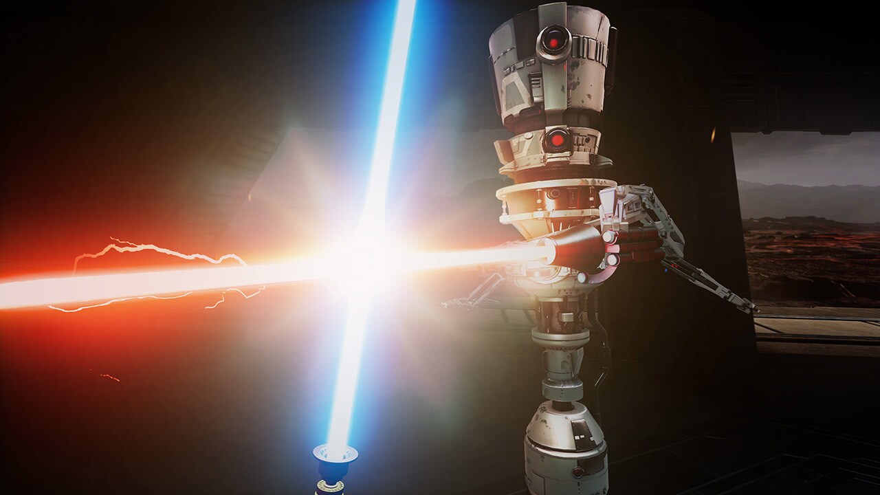 A droid battles with a lightsaber in the game Vader Immortal: A Star Wars VR Series.