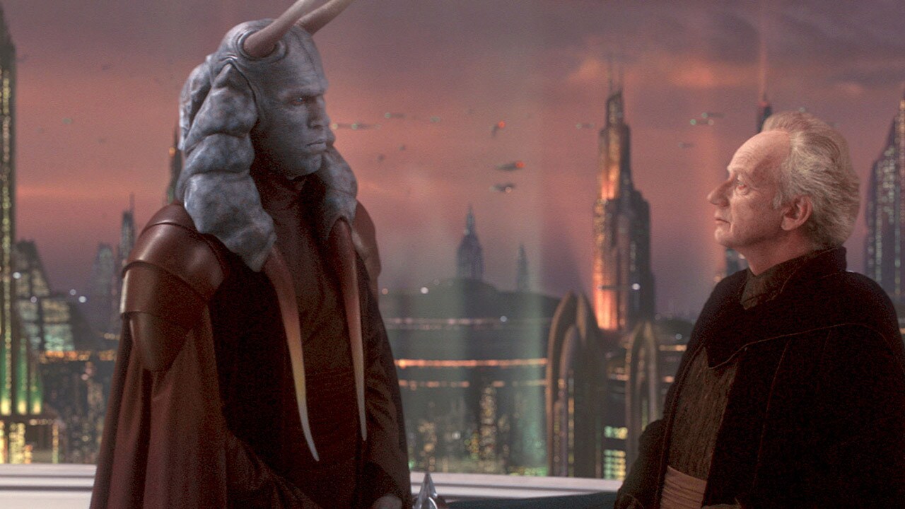 Mas Amedda speaks with Palpatine with a view of Galactic City behind them in Attack of the Clones.