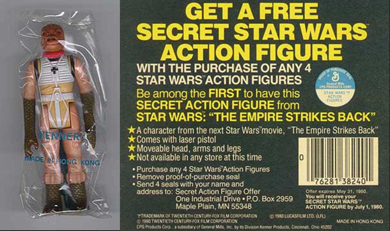 A Kenner Bossk action figure in original plastic next to a 1980 advertisement for a free action figure with proof of 4 purchases.