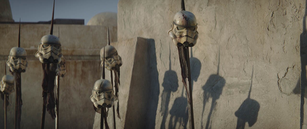 Stormtrooper helmets on pikes in the first trailer for The Mandalorian.