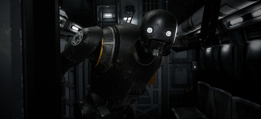 K-2SO stands in a dimly lit part of the ship in Star Wars: Secrets of the Empire.