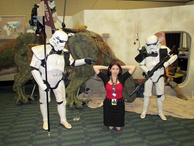 A Star Wars fan is held captive by Stormtroopers.