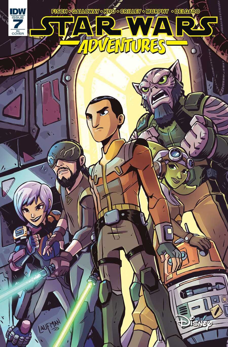 The cover of issue #7 of the IDW Publishing comic book series Star Wars Adventures features Ezra and Kanan wielding lightsabers and standing with Sabine, Hera, Chopper, and Zeb.