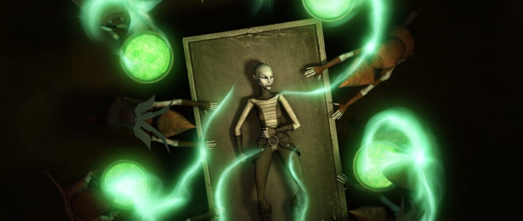 Asajj Ventress, laying on a table, is reborn as a Nightsister.
