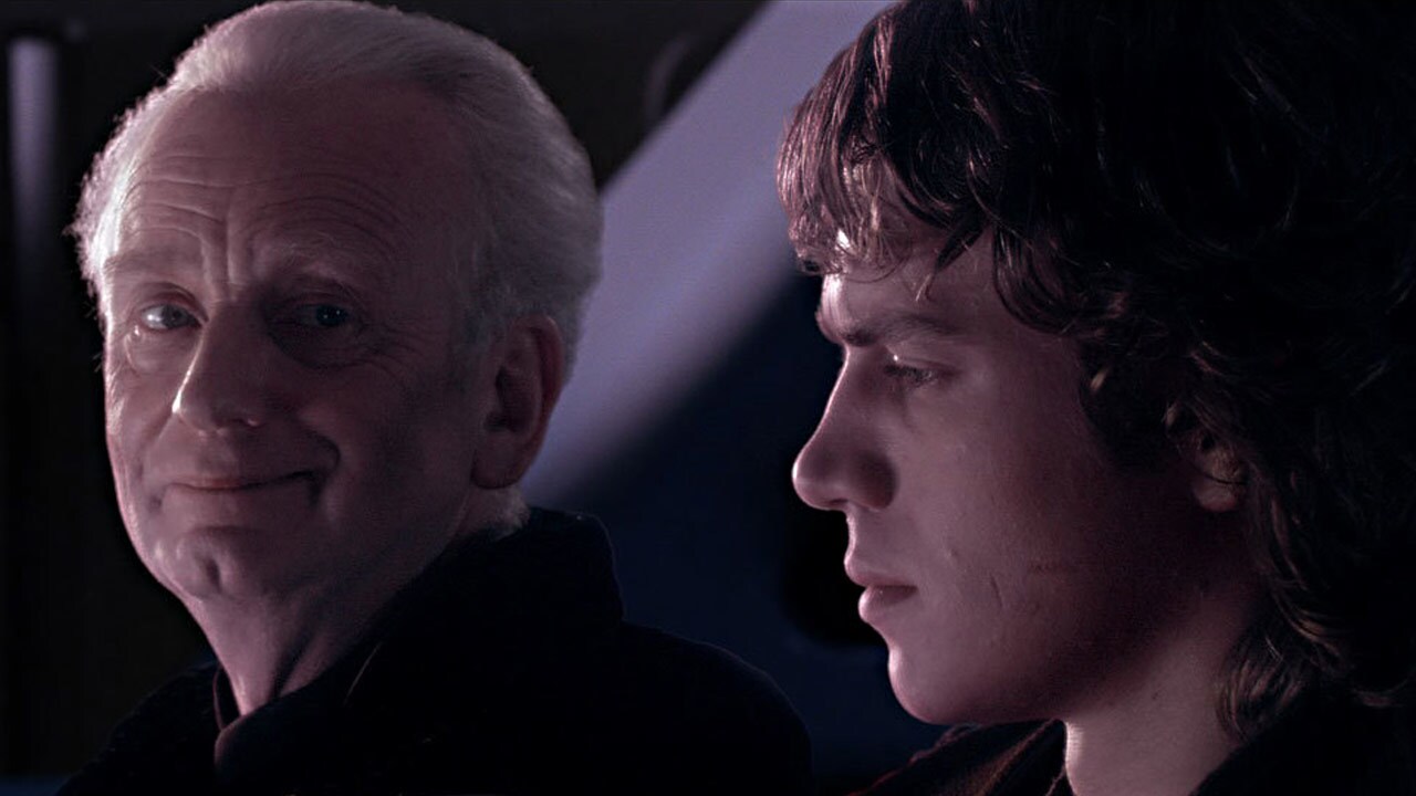 Chancellor Palpatine smiles at a troubled Anakin.