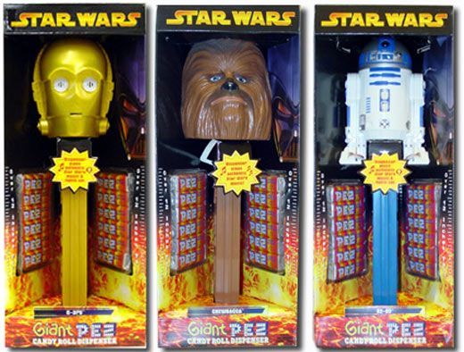 C-3PO, Chewbacca, and R2-D2 Pez dispensers.