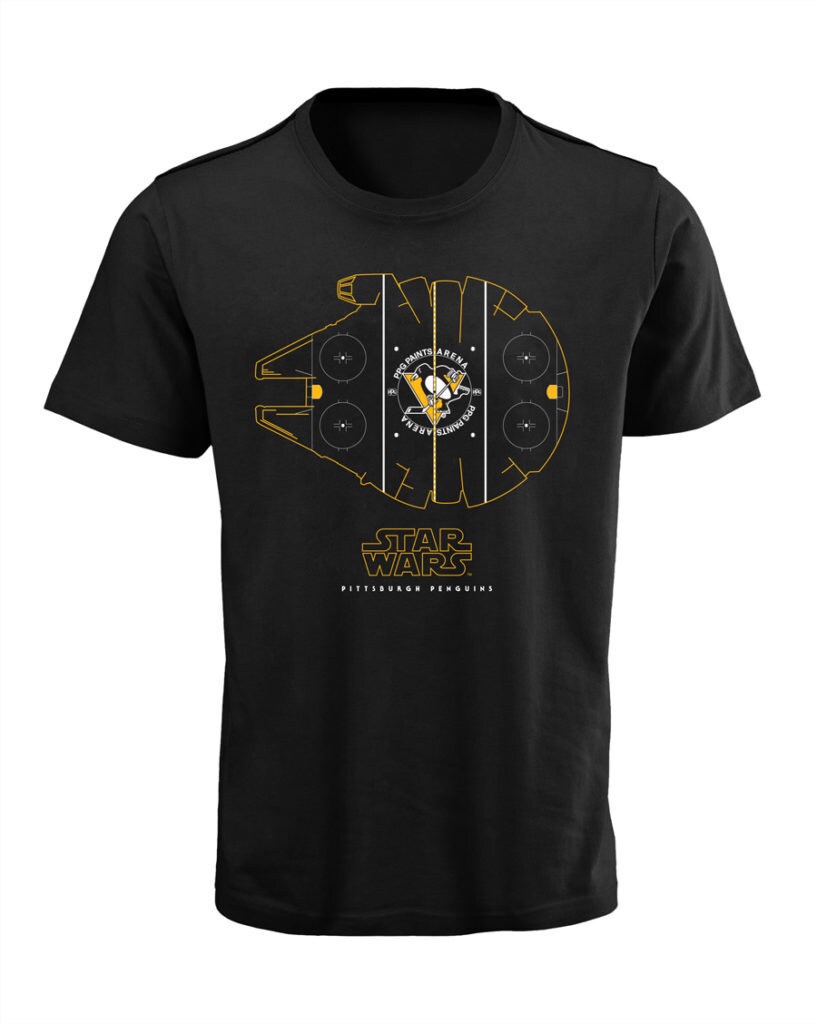 A shirt with the Millennium Falcon and Pittsburgh Penguins logo on it.