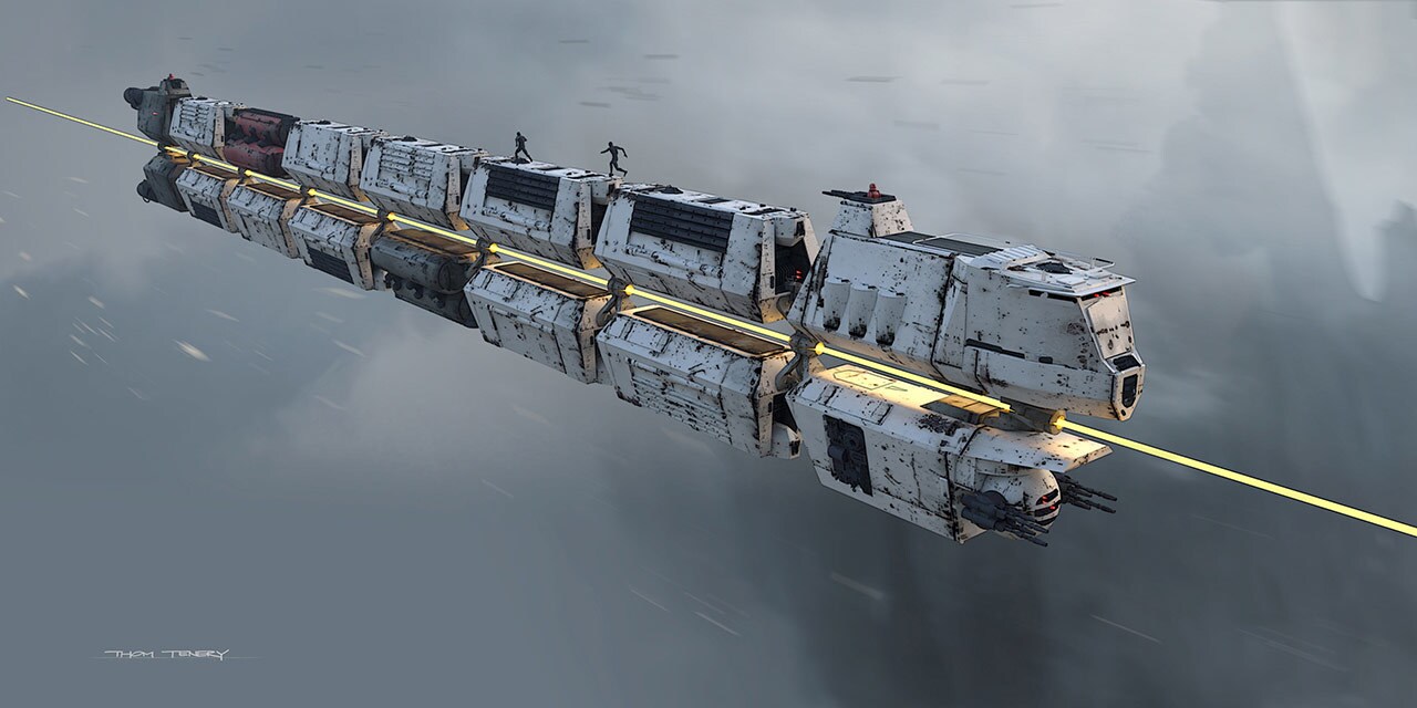 Concept art of the Conveyex train with two trains hugging the tracks, stacked one on top of the other.