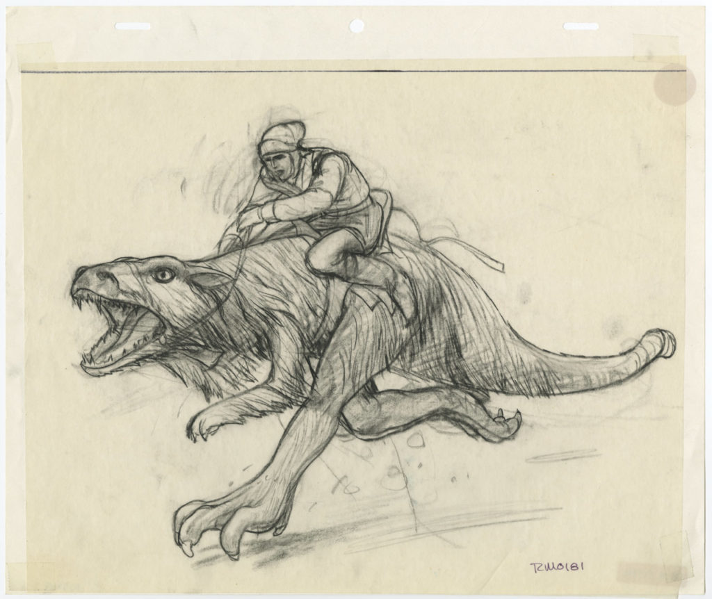 An early sketch of a rebel riding a tauntaun for Star Wars: The Empire Strikes Back.
