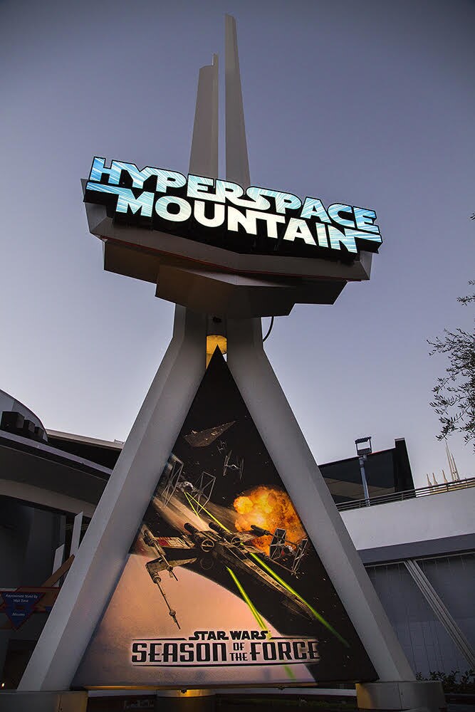 HYPERSPACE MOUNTAIN -- During Season of the Force, the classic Space Mountain attraction is reimagined as Hyperspace Mountain, thrusting Disneyland park guests into the darkness for an action-packed battle between Rebel X-wings and Imperial TIE fighters. A new soundtrack, inspired by the filmsÕ musical themes, adds to the thrills. (Paul Hiffmeyer/Disneyland Resort)