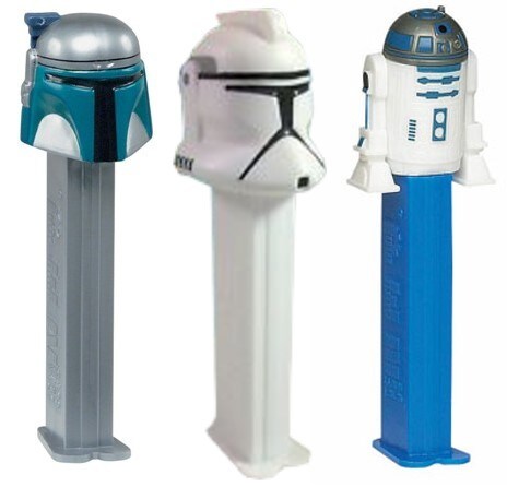 Jango Fett, clone trooper, and R2-D2 Pez dispensers.