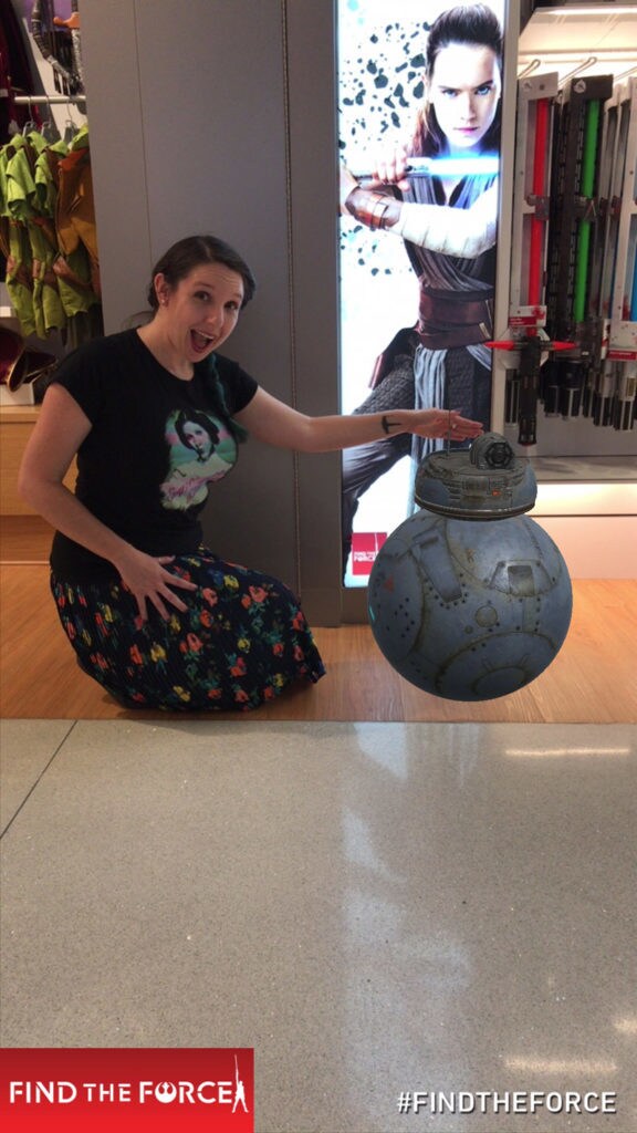 Amy Ratcliffe takes part in Find the Force, an augmented reality scavenger hunt, and finds resistance droid 2BB-2 at the Disney store.