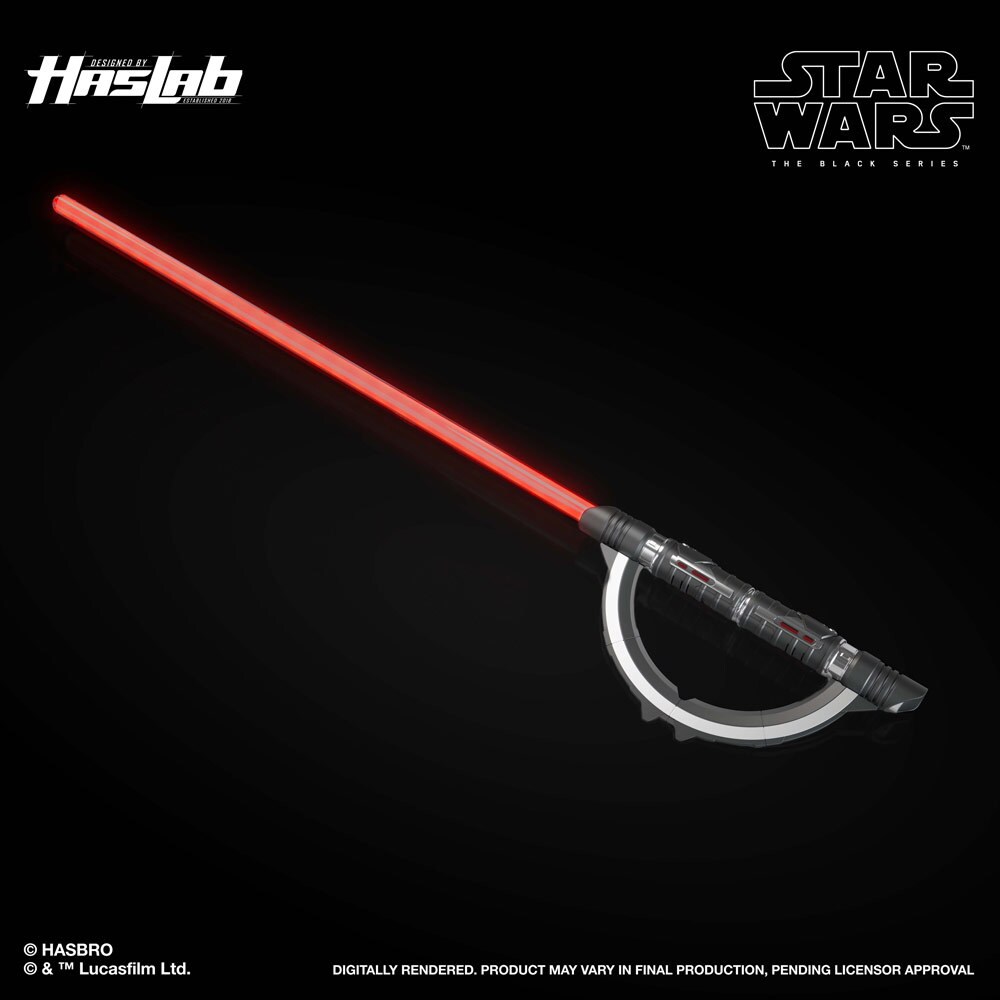 HasLab Black Series Reva Force FX Lightsaber with single blade and half-circle.