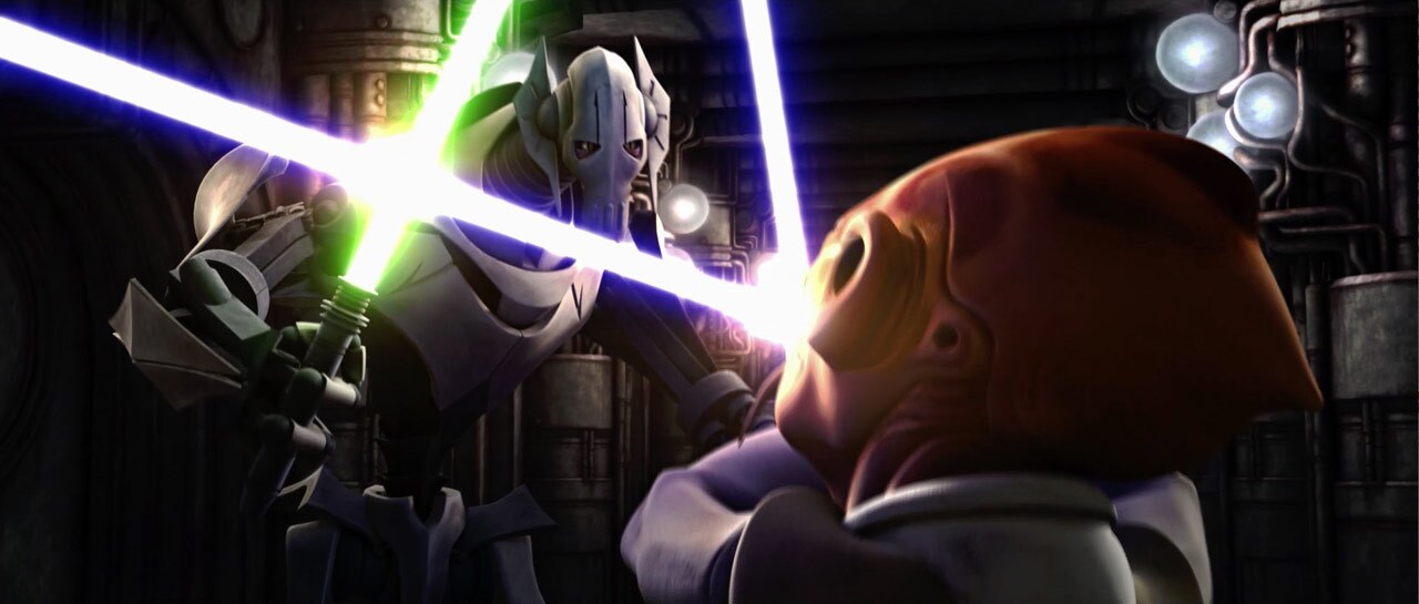 General Greivous battles a Jedi in Star Wars: The Clone Wars.