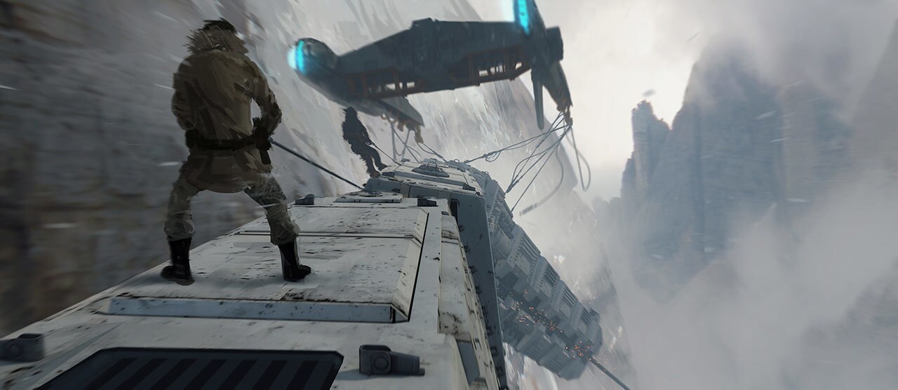 Tobias Beckett and Han Solo tethered to the top of a train during a heist in Solo: A Star Wars Story.