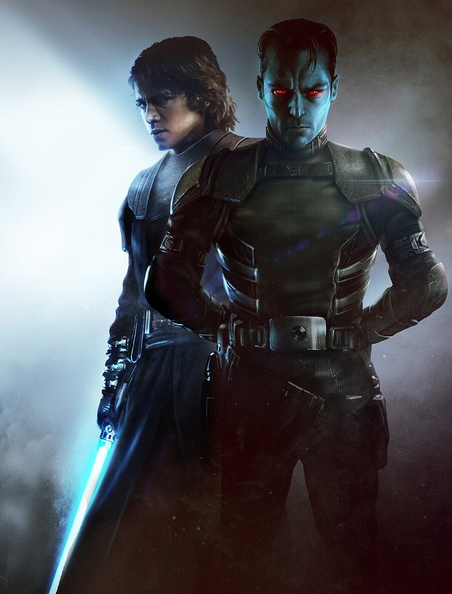 Grand Admiral Thrawn stands with his arms behind his back, paritally concealing Anakin who stands behind him with his lightsaber ignited at his side.