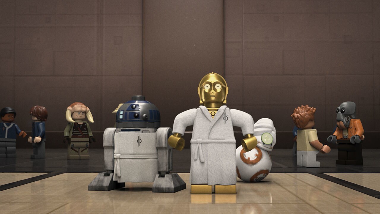 R2-D2, C-3PO, and BB-8 after the spa in LEGO Star Wars Summer Vacation