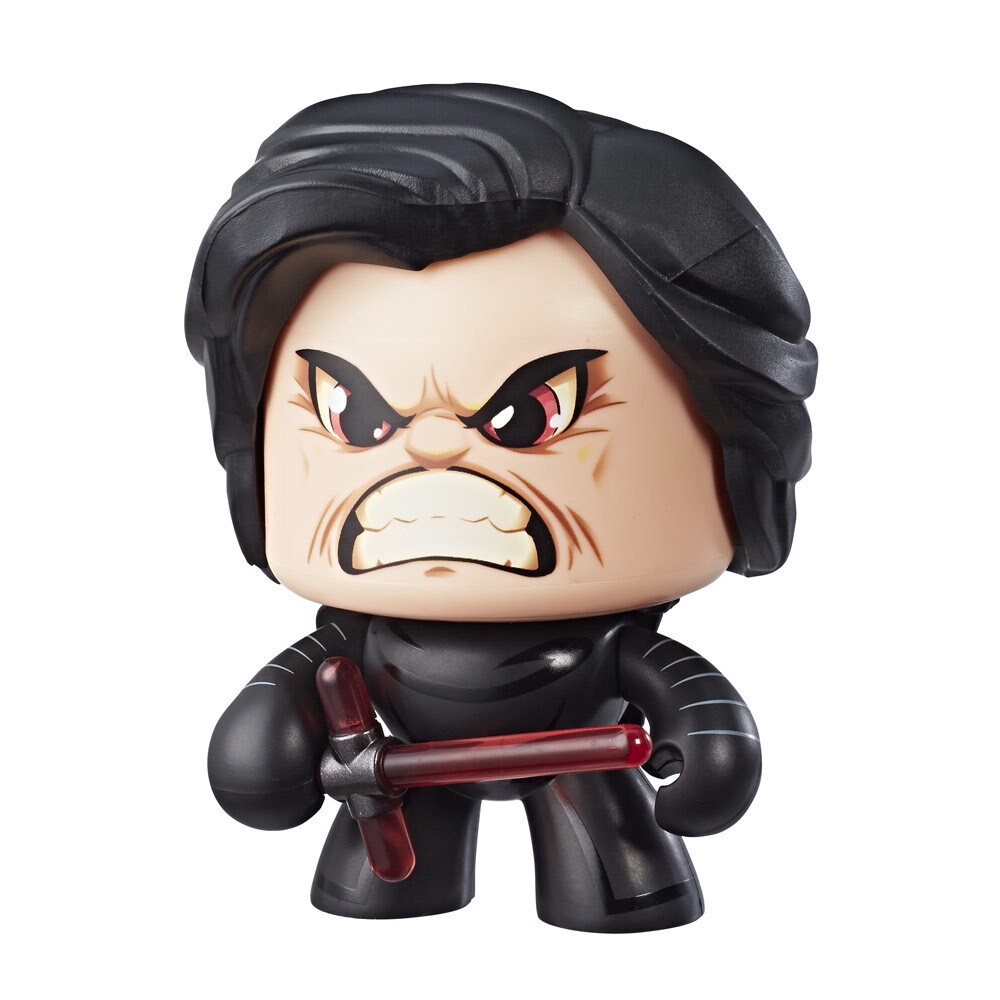A Kylo Ren Star Wars Mighty Muggs collectible figure holds a lightsaber with an angry expression on its face.