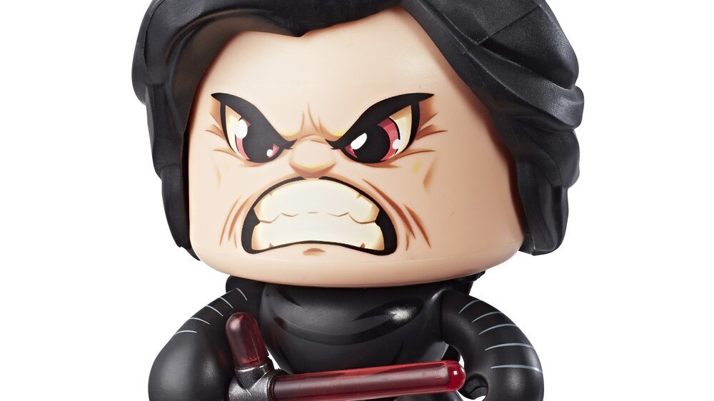 A Kylo Ren Star Wars Mighty Muggs collectible figure holds a lightsaber with an angry expression on its face.