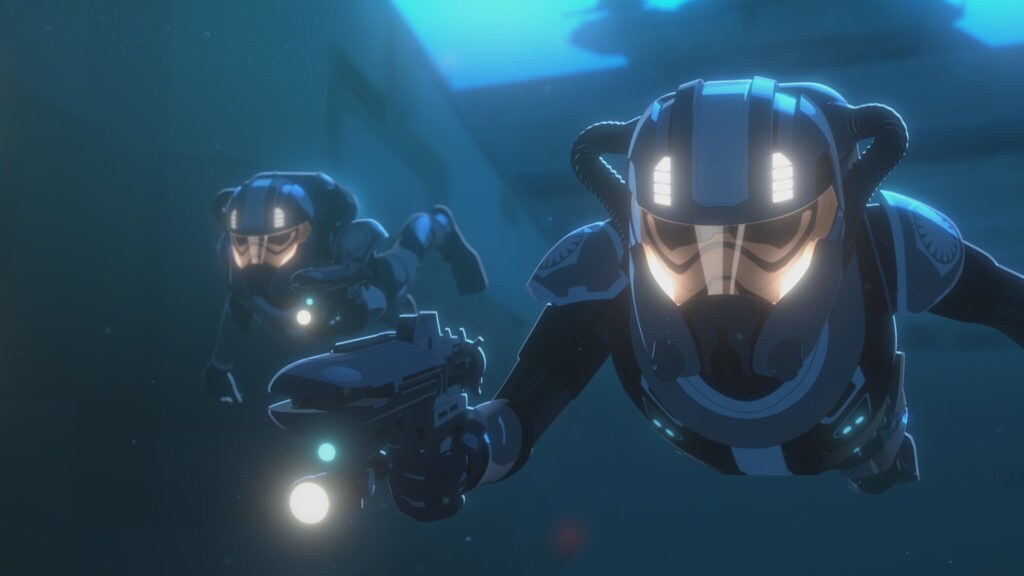 First Order SCUBA troopers hunt for Kaz underwater in Star Wars Resistance.
