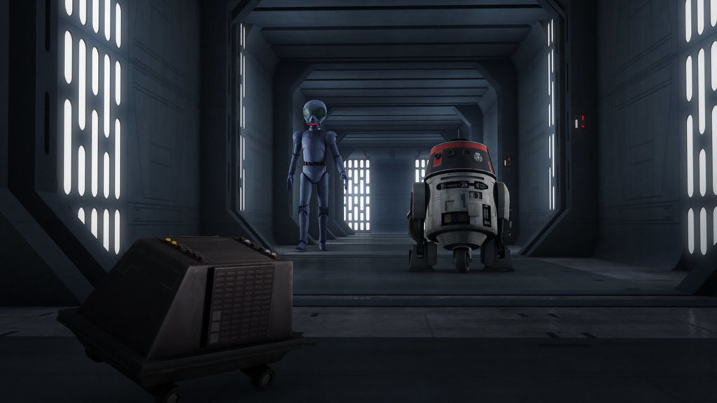 Chopper and AP-5 follow an Imperial mouse droid.