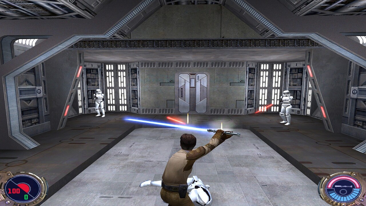 Kyle Katarn deflects a blaster bolt in Jedi Outcast.