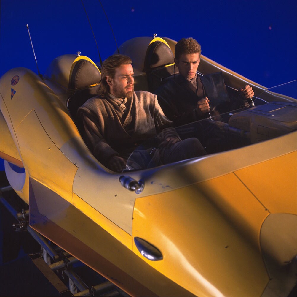 Anakin and Obi-Wan behind the scenes of the chase scene in Star Wars: Attack of the Clones