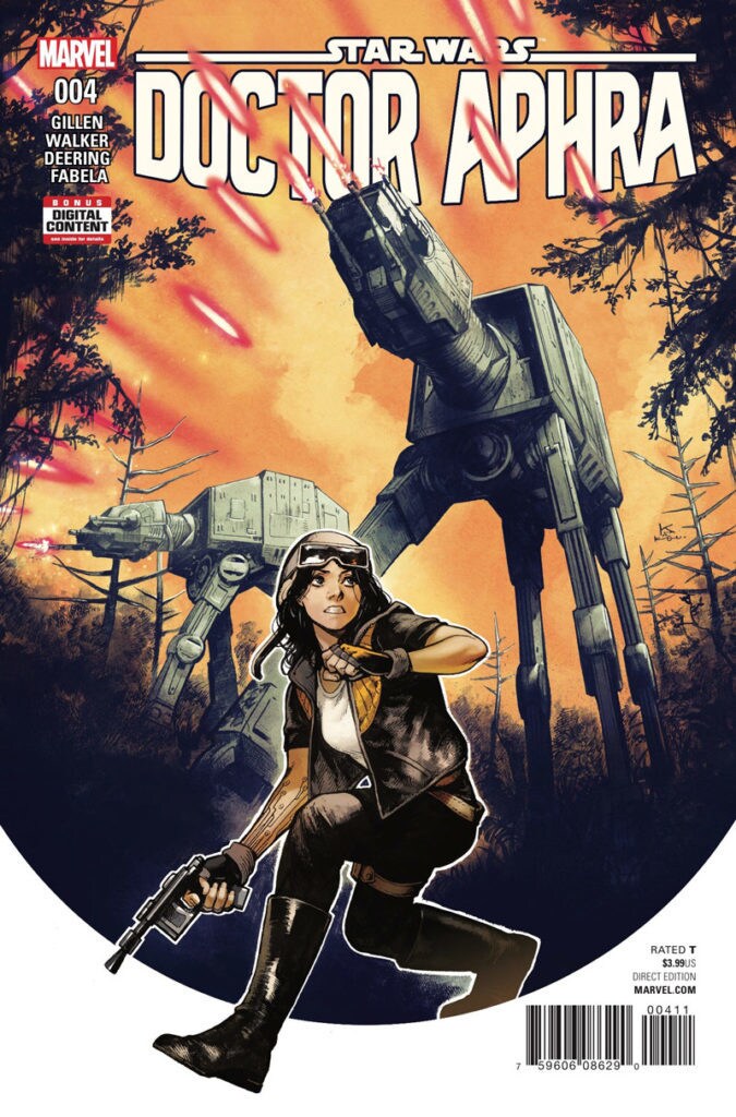 Dr. Aphra runs from firing AT-ATs on the cover of issue 4 of Marvel's Star Wars: Dr. Aphra comic book.