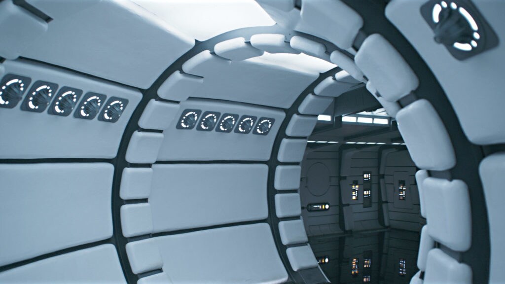 A hallway in the Millennium Falcon in Solo: A Star Wars Story.