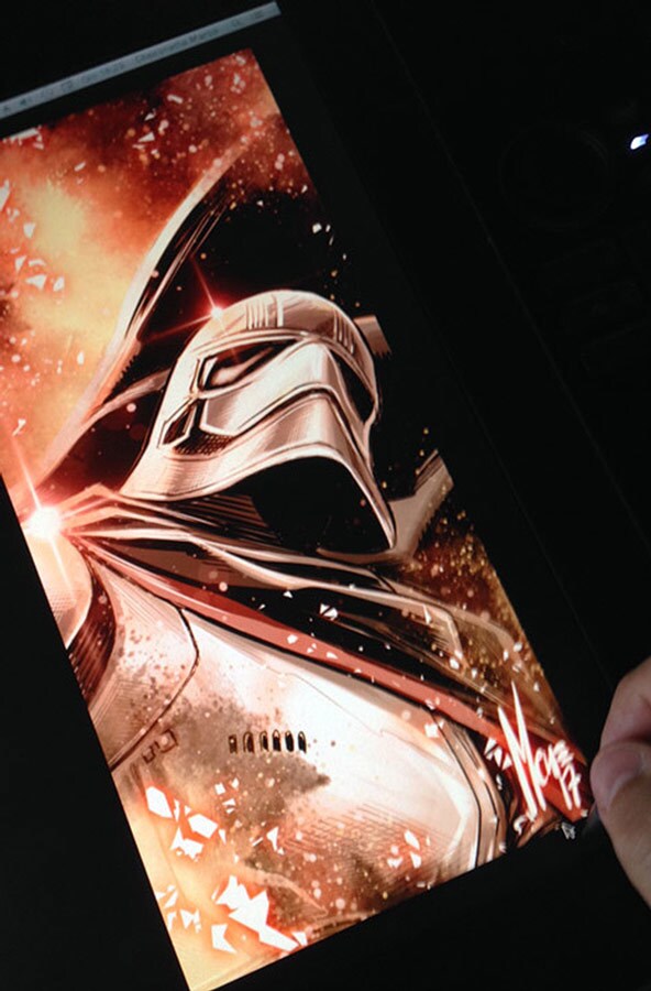 Artwork by artist Marco Checchetto, for the comic book miniseries Captain Phasma, shows Captain Phasma with a fiery explosion around her.