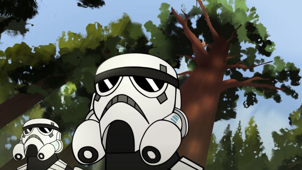 Two stormtroopers stand amid trees in Forces of Destiny.