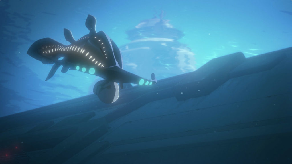 The sharvo swims with a stormtrooper helmet in its mouth in Star Wars Resistance.