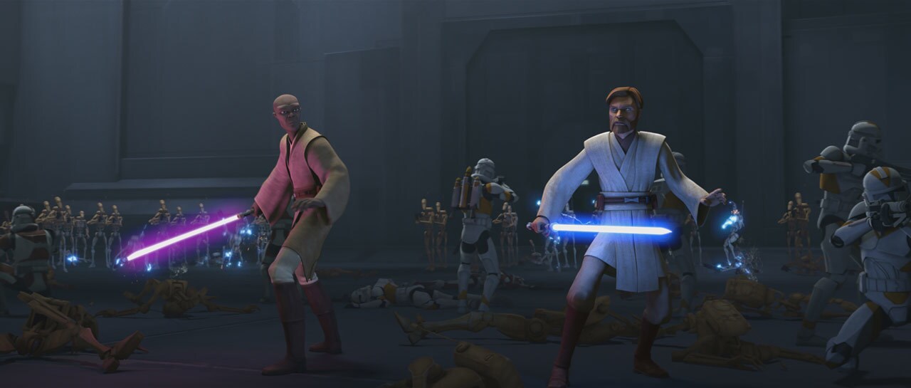 Mace Windu and Obi-Wan Kenobi in the Star Wars: The Clone Wars episode "Unfinished Business"