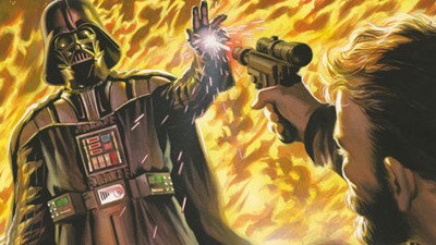 Darth Vader blocks a blaster bolt.