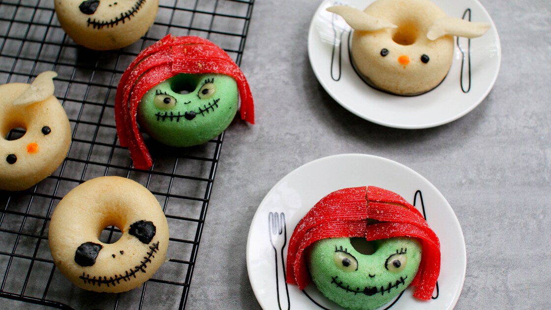 Donuts inspired by characters from The Nightmare Before Christmas.