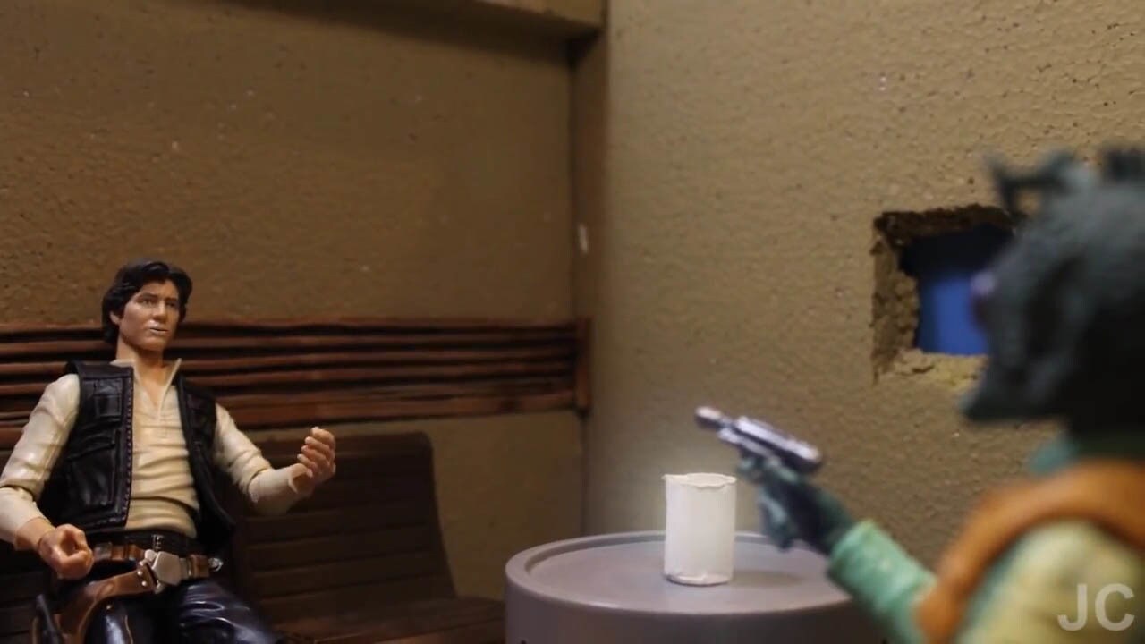 Greedo confronts Han Solo in a scene from "Bounty Buddies."