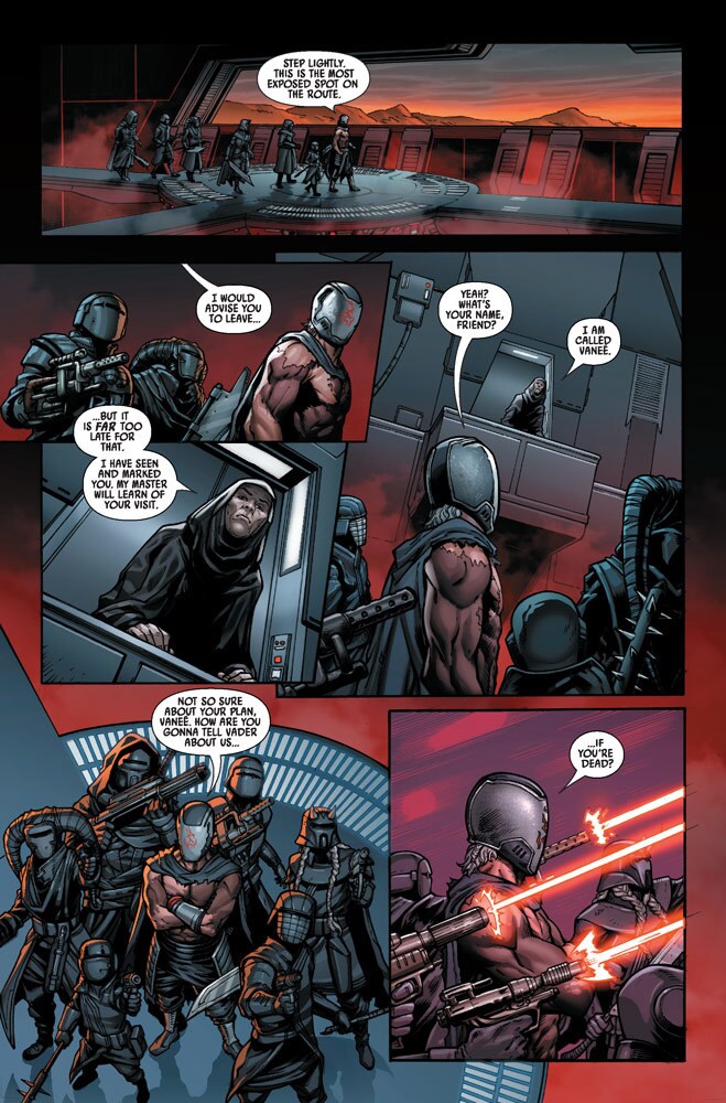 Star Wars: Crimson Reign #4 preview page, featuring the Knights of Ren on Mustafar entering Vader's castle and encountering someone.