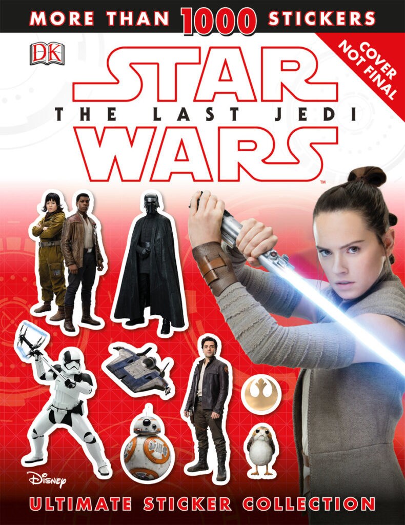 Rey wields a blue light saber on the concept cover of the book Star Wars the Last Jedi: Ultimate Sticker Collection.