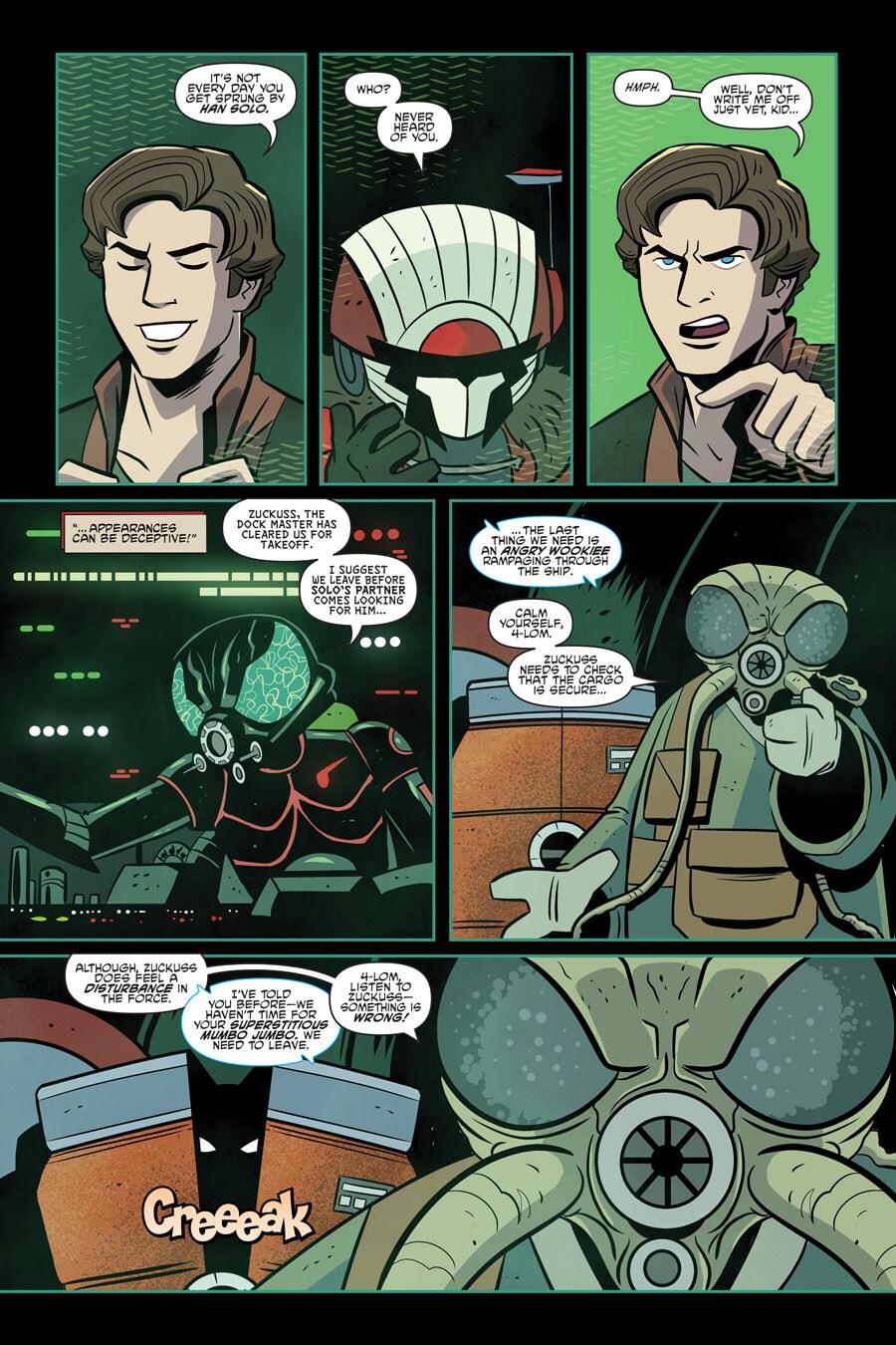 Han Solo appears in a six-paneled page from the comic book Star Wars Adventures.