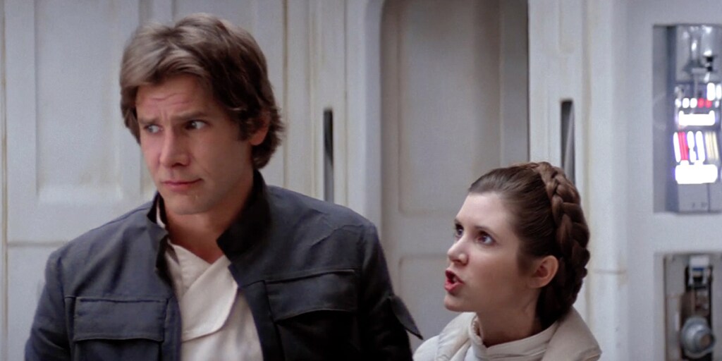 Princess Leia speaks to Han Solo in The Empire Strikes Back.