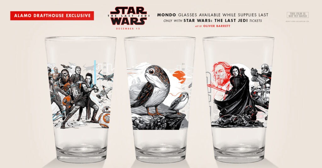 Three Mondo-designed glasses given away by the Alamo Drafthouse.