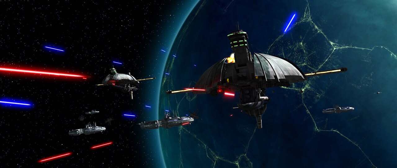 Separatist ships guard the planet Christophsis in the Clone Wars episode Cat and Mouse.