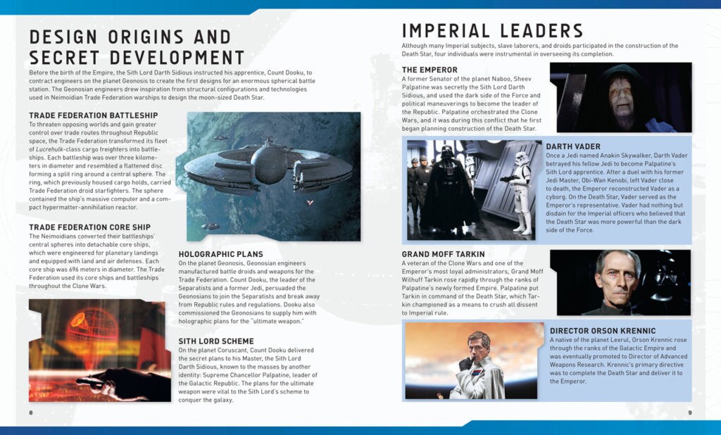 Pages from a Star Wars IncrediBuilds book show Design Origins and Secret Developments in the Star Wars Universe, on the left, and biographies of Imperial Leaders, on the right.