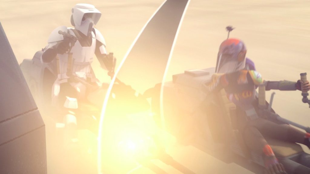 Sabine uses the Darksaber to fend off a pursuing scout trooper.