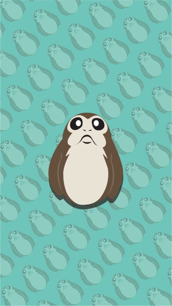 Mobile wallpaper of a porg on a blue background with a pattern of lighter porgs from starwars.com.